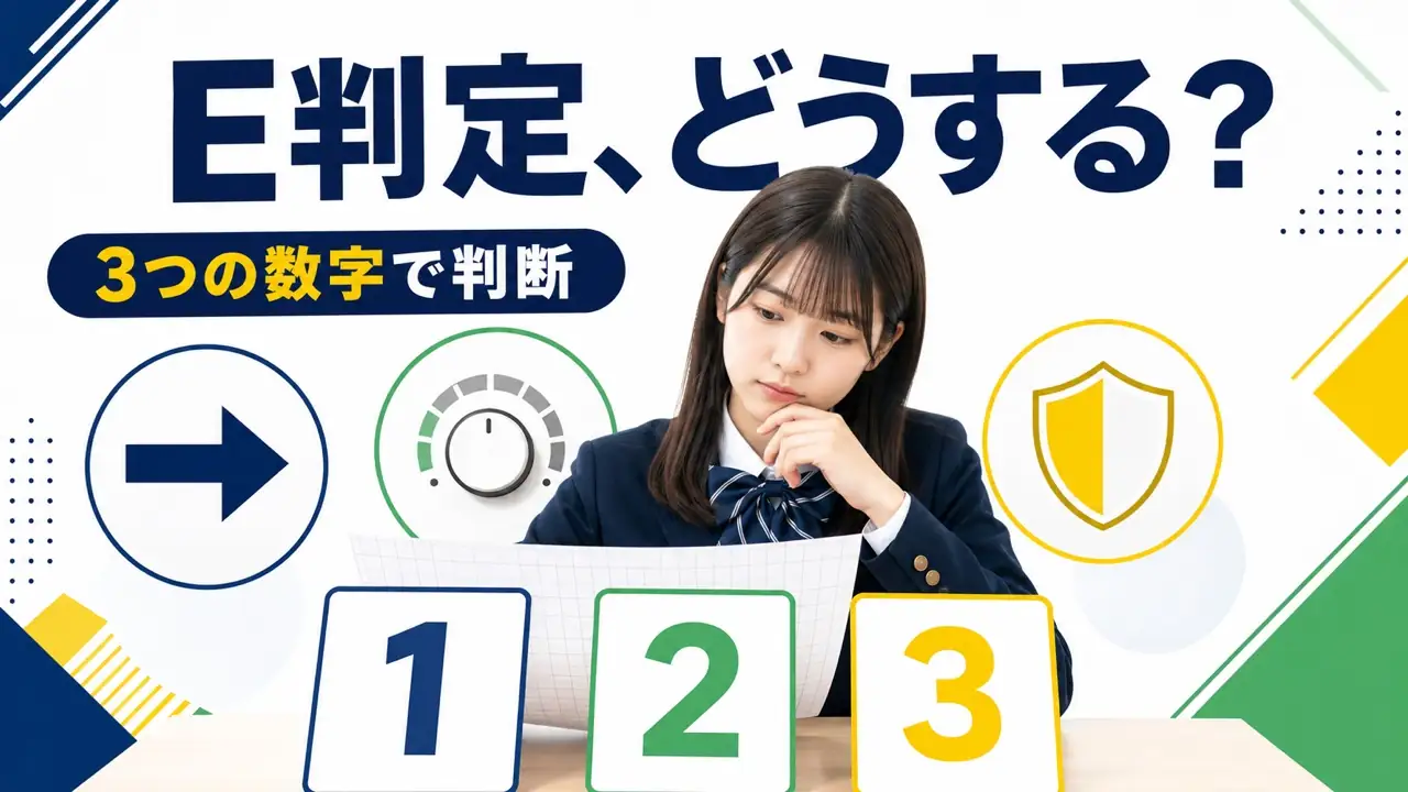 E判定後に3つの数字から志望継続・調整・安全策を考えるアイキャッチ