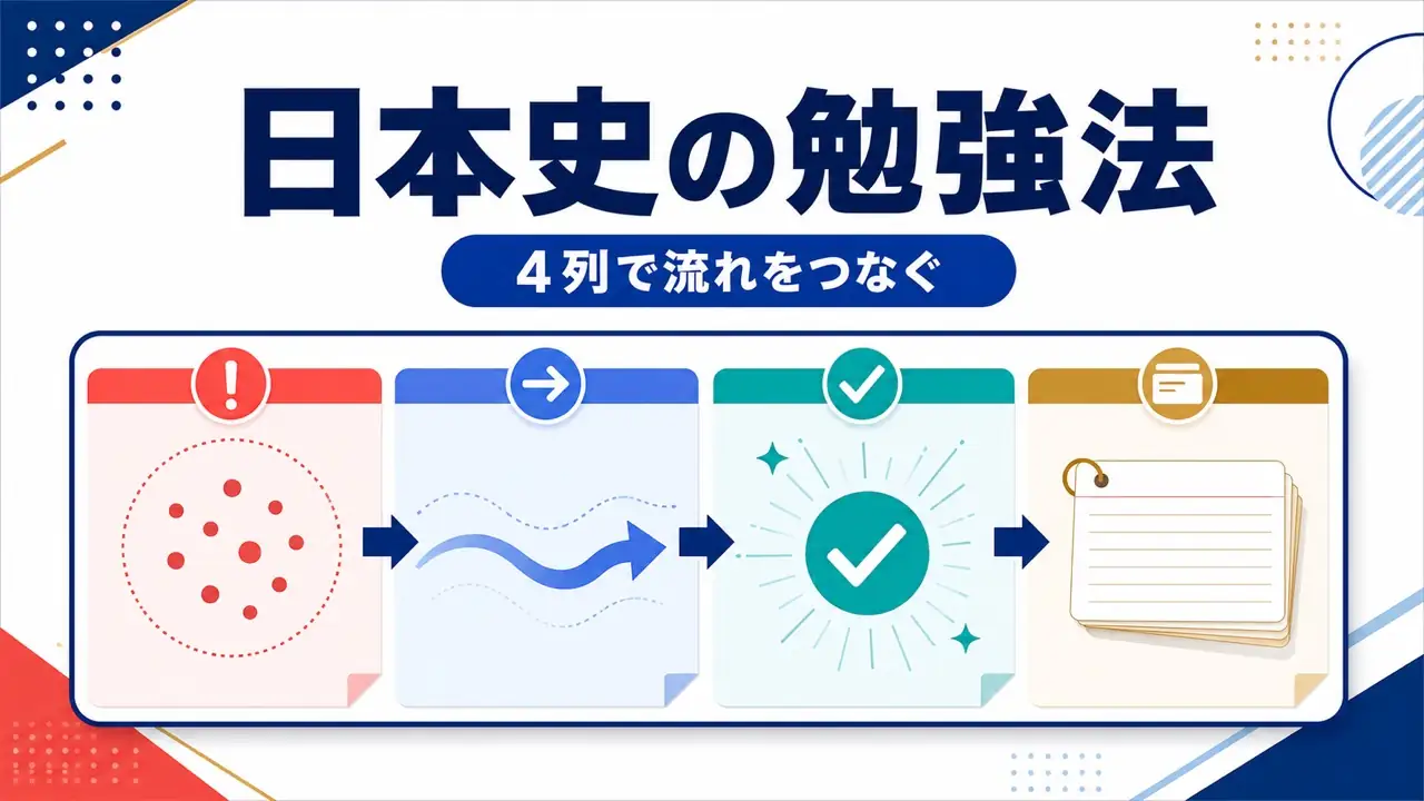 日本史を原因・変化・結果・用語の4列で整理するアイキャッチ