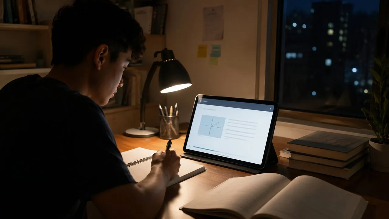 夜の机でタブレットとノートを前に計画を見直す受験生のイメージ