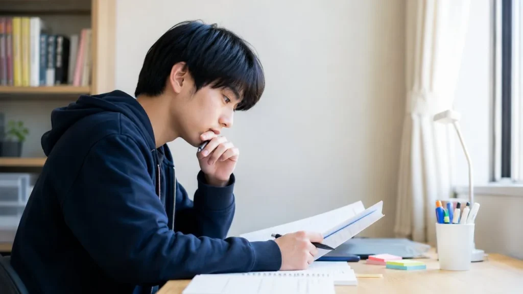 参考書と問題演習を見比べて新しい根拠の有無を確認する学生