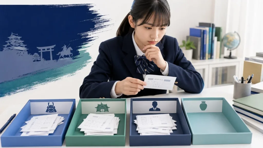 日本史の過去問を4つのトレーに分け不足領域を確認する学生